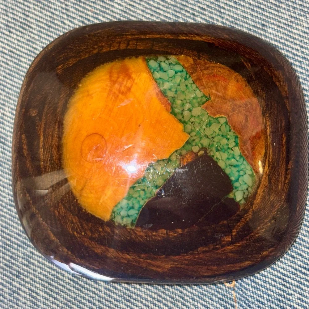 Vintage Artisan Lacquered Wood W/Turquoise Inlays Belt Buckle Boho Hippie
